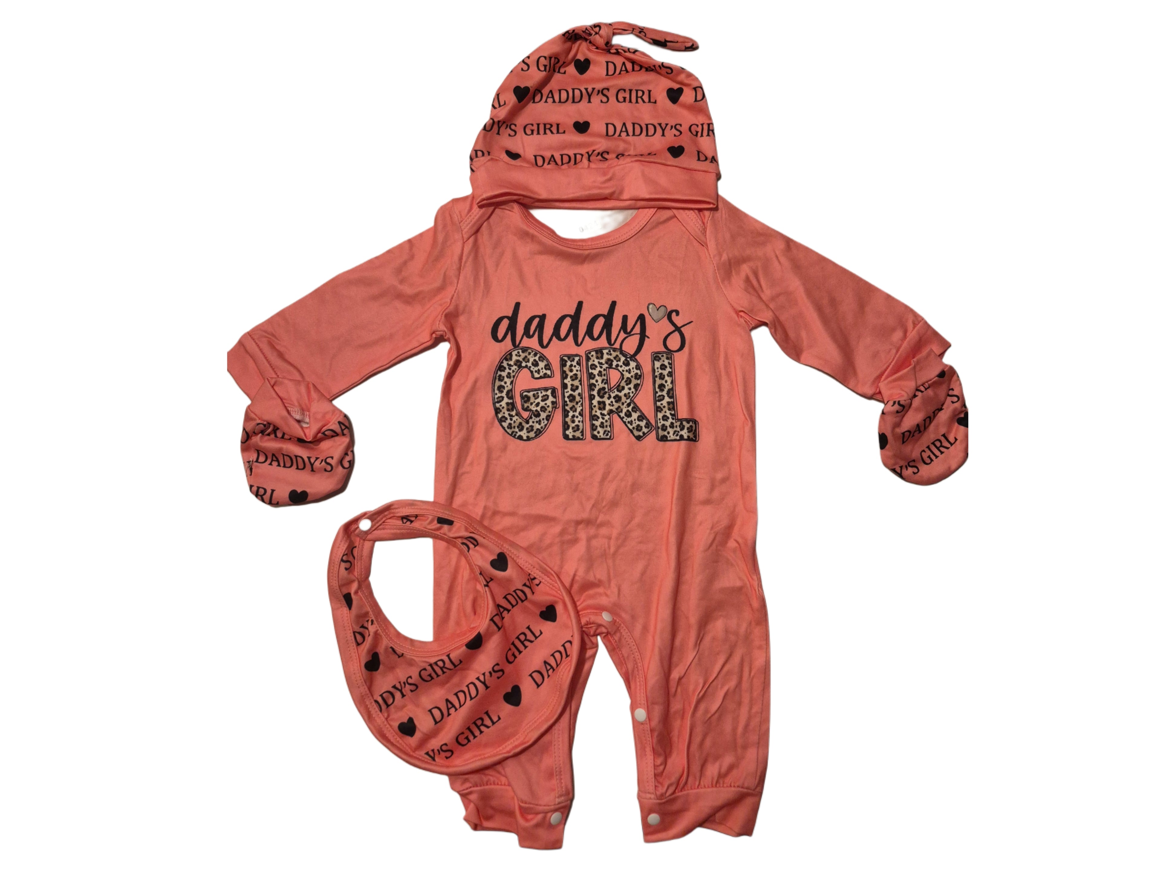 Baby girl sleeper with matching hat, scratch mitts and bib.