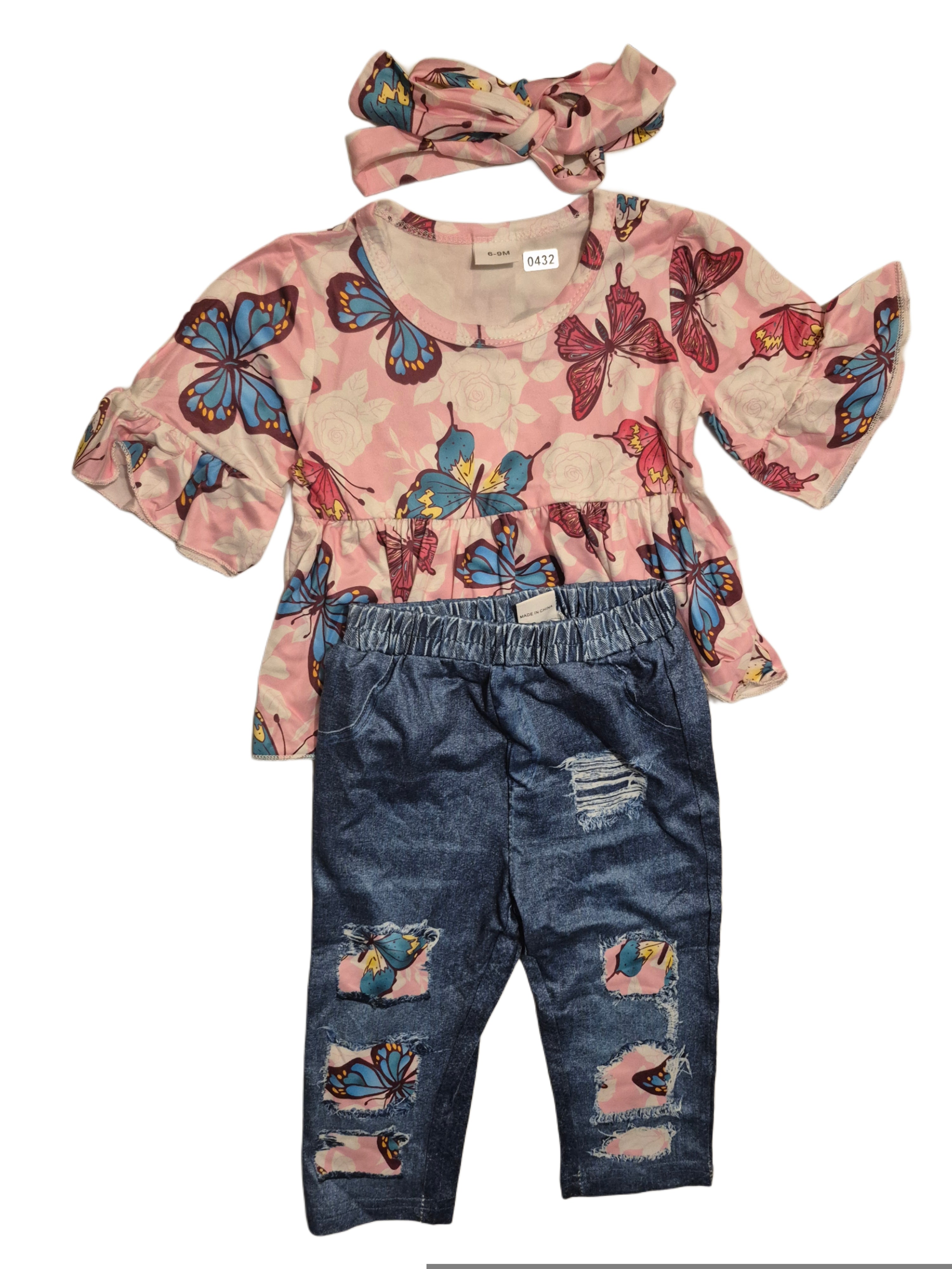Baby girl quarter sleeve shirt with pants and head band! (butterfly print)