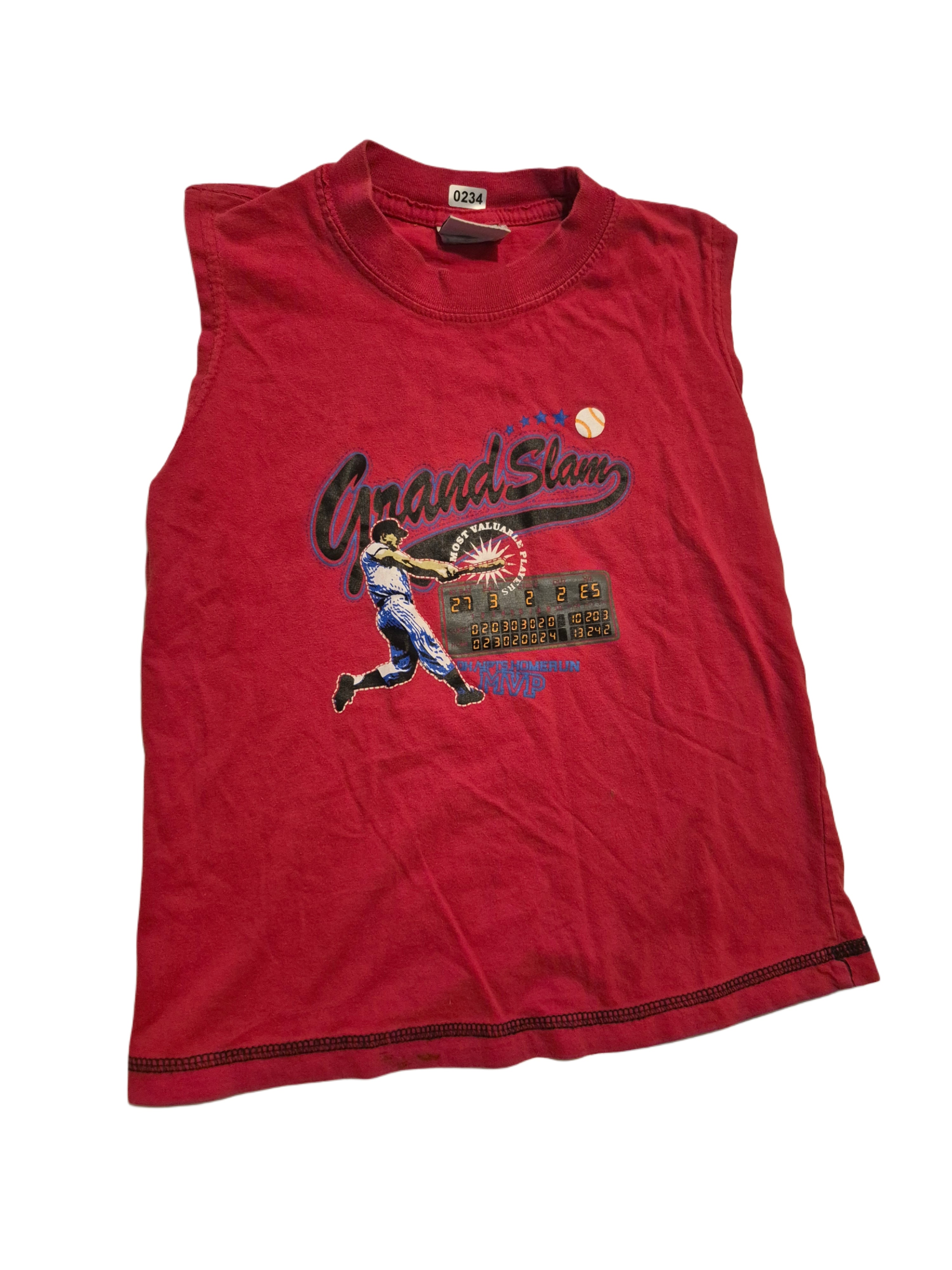 Red sleeveless t-shirt with a "Grand Slam" baseball graphic