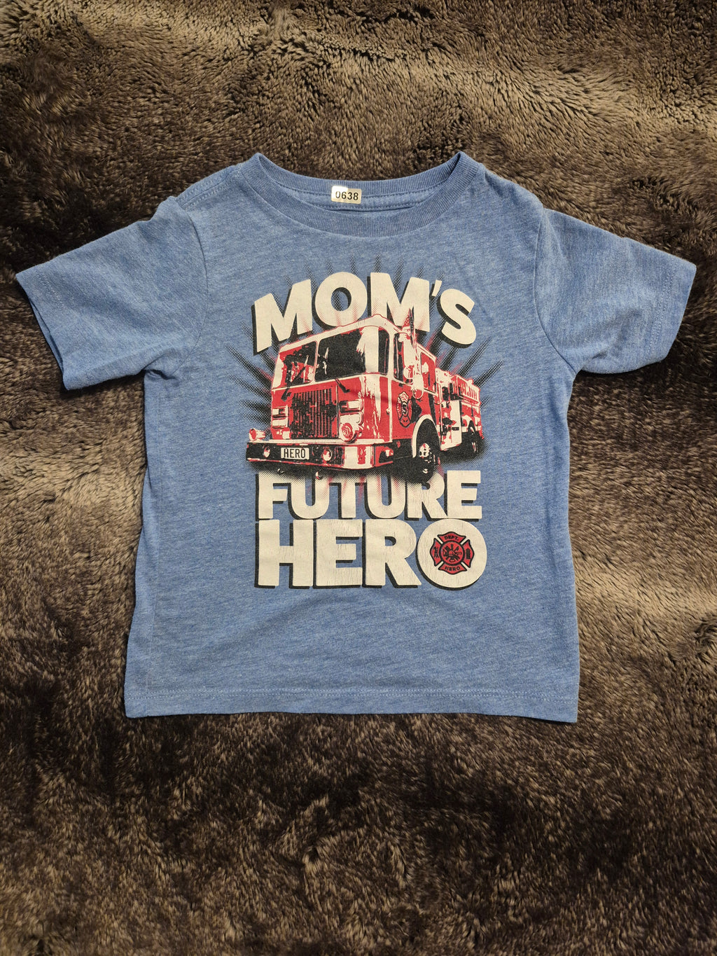 Blue T-shirt “mom’s future hero” with fire truck graphic