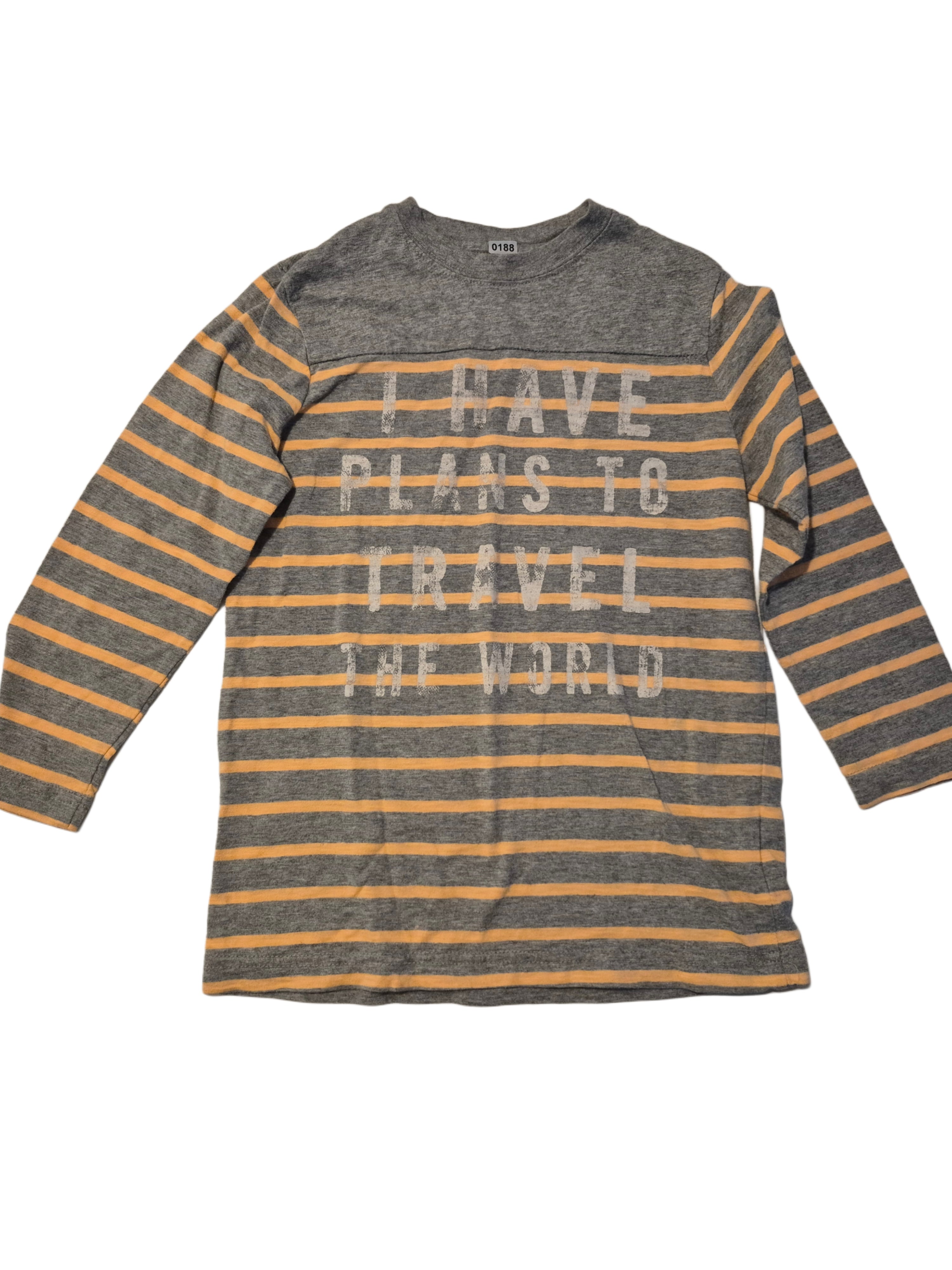 Long sleeve (yellow and grey striped) “I have plans to travel the world”