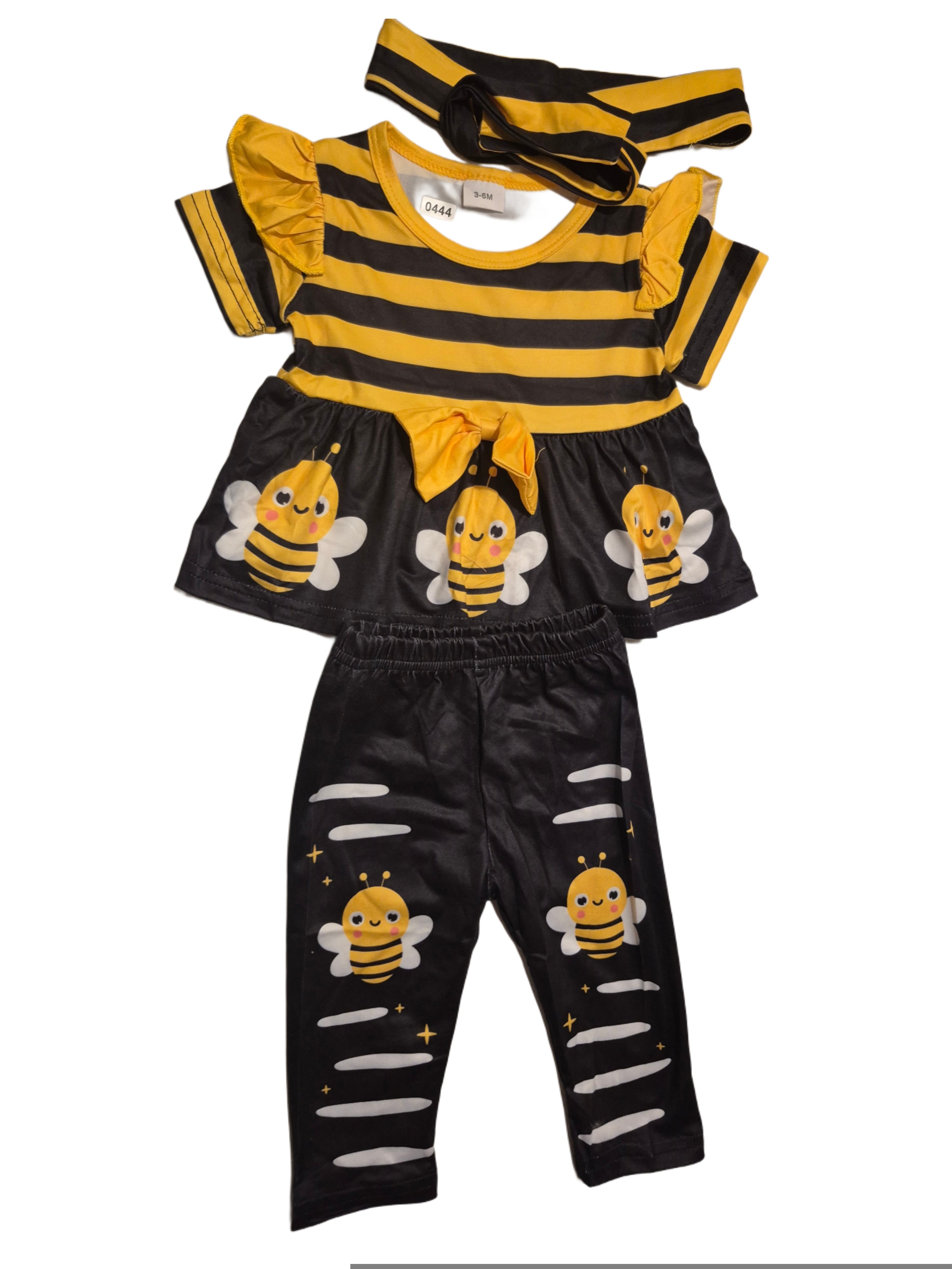 Baby girl, bee print (shirt pant headband set)