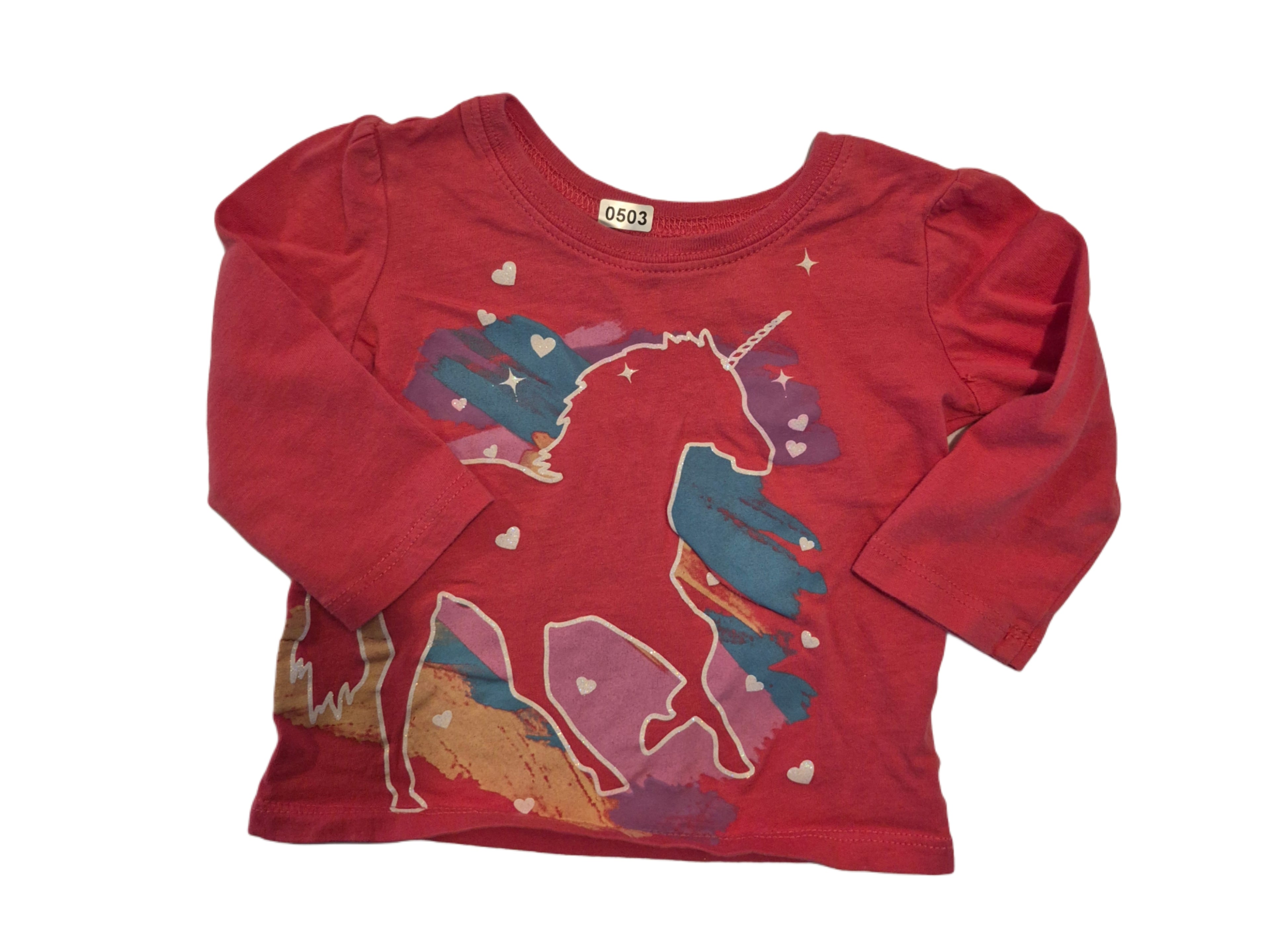 Pink long sleeved shirt with unicorn graphic